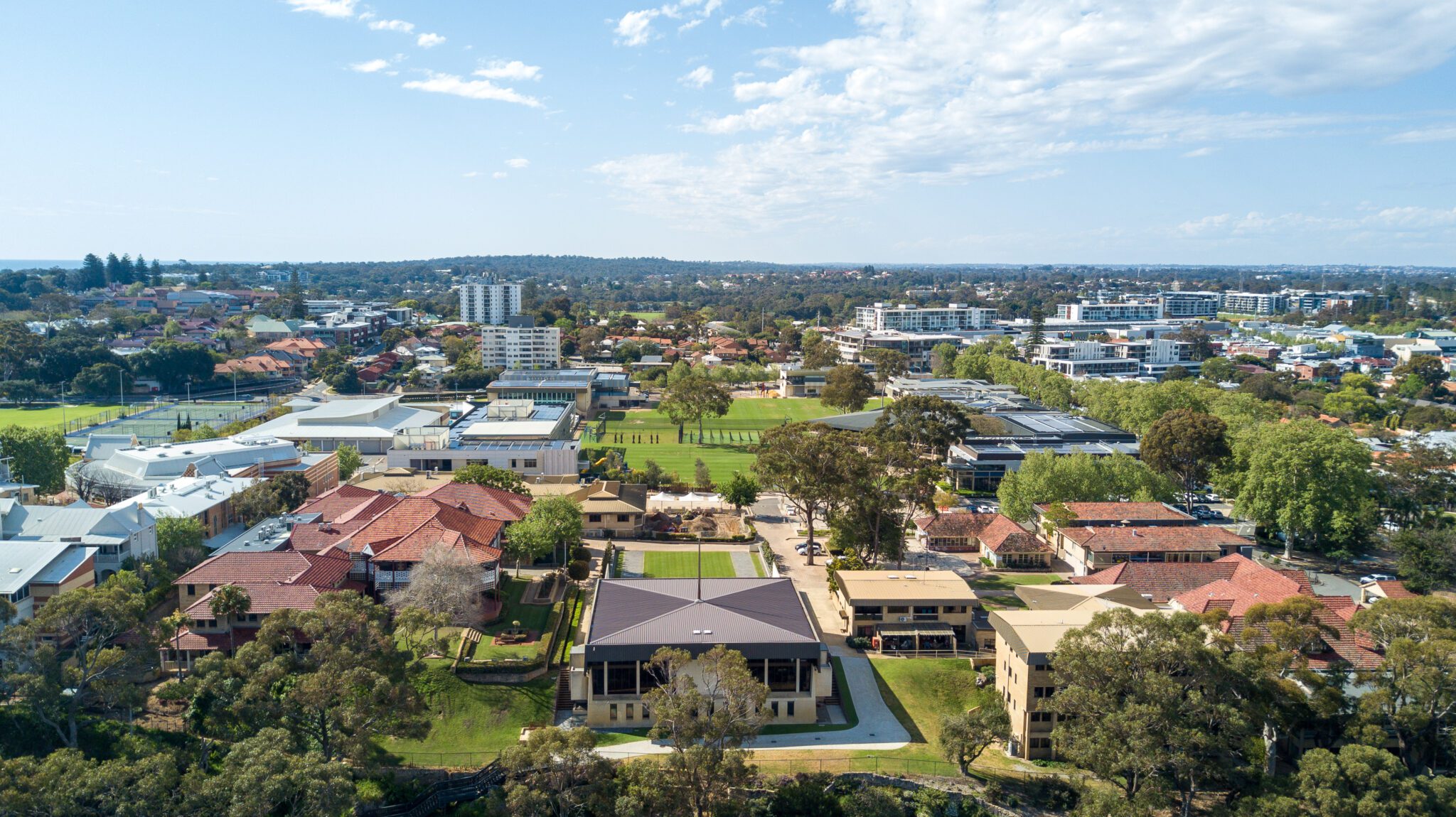 A drone shot of the Christ Church Grammar School campus
