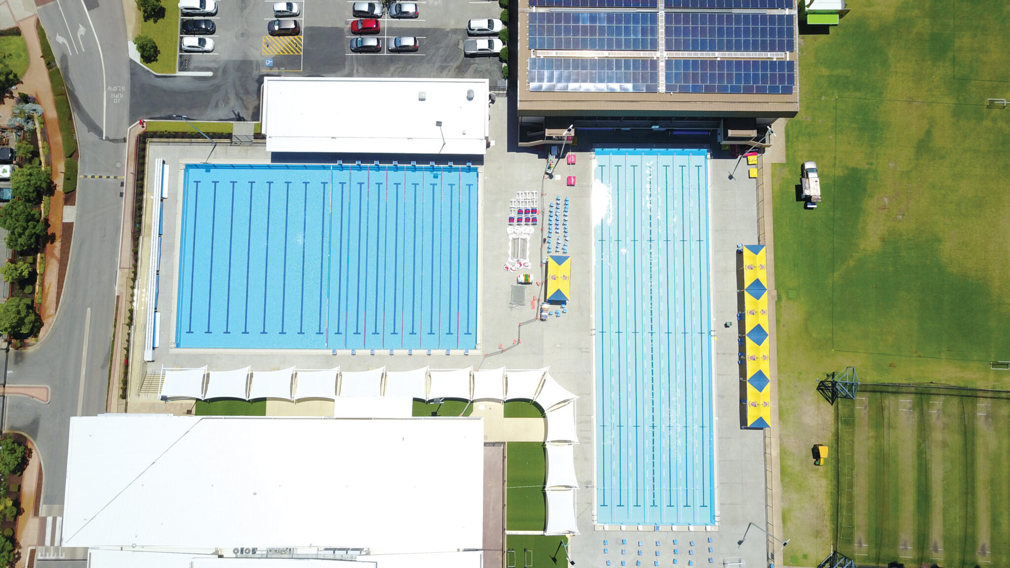 A drone shot of the Christ Church Grammar School Aquatic Precinct