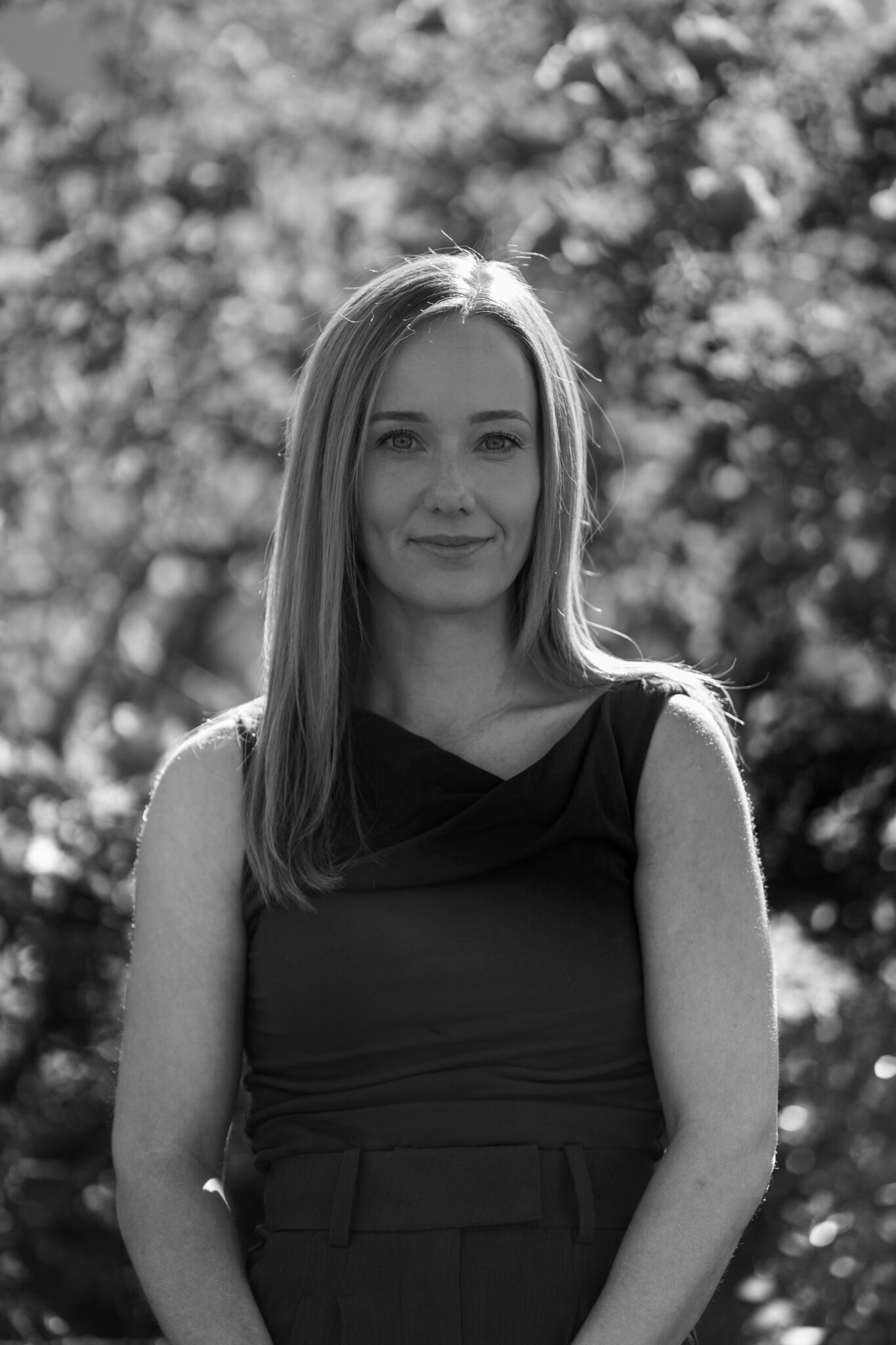 A black and white portrait of Preparatory School teacher Fiona Telfer