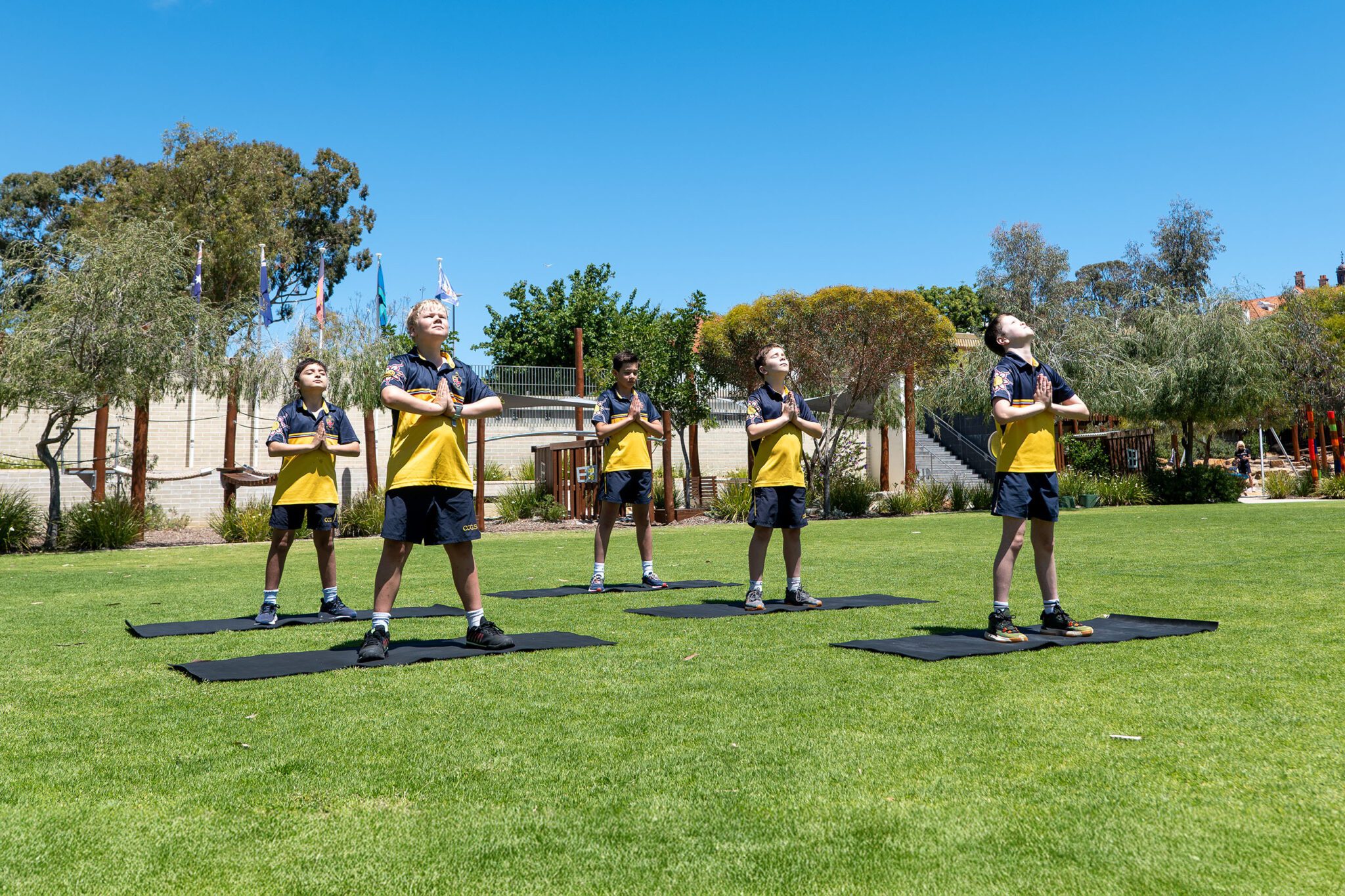 Students doing yoga on the oval